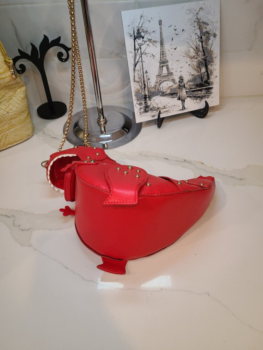 Whimsical T-Rex Red crossbody purse with gold toned chain Pristine - Picture 9 of 9